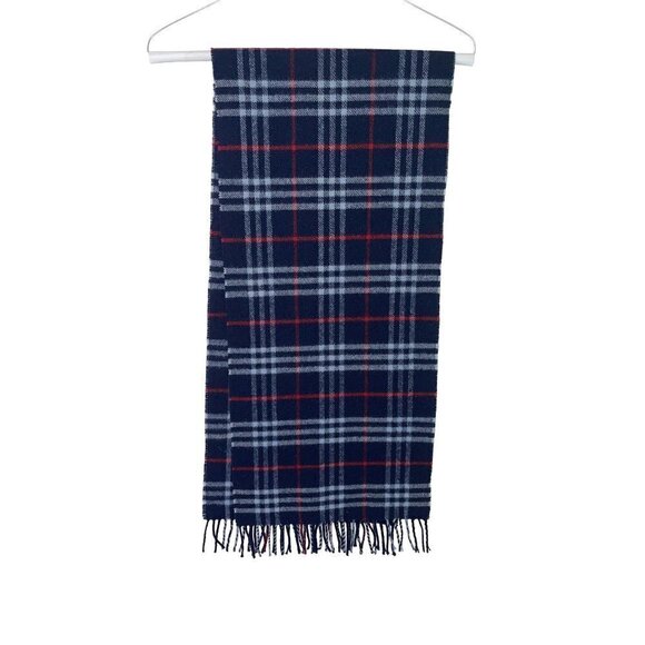 Burberrys Womens Scarf One Size Blue Check Vintage Pure Lambswool Fringe - Picture 1 of 8